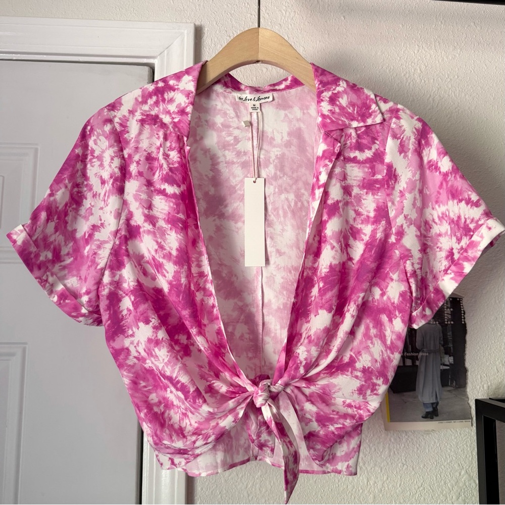 NWT FOR LOVE &‎ LEMONS pink white tie dye tie front cropped shirt blouse top